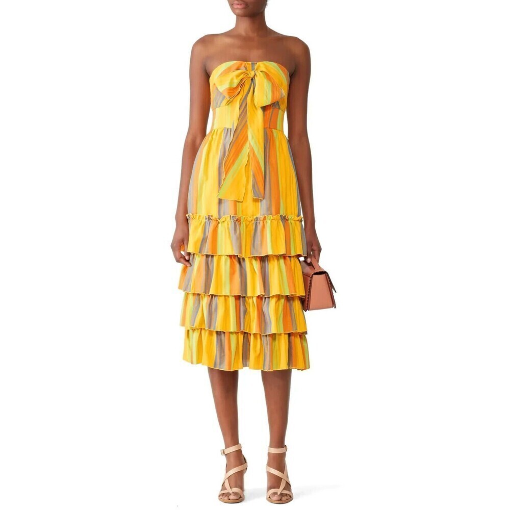 TALULAH Imperial Strapless Stripe Bow Tier Ruffle Midi Dress Size S Beach Boho‎
